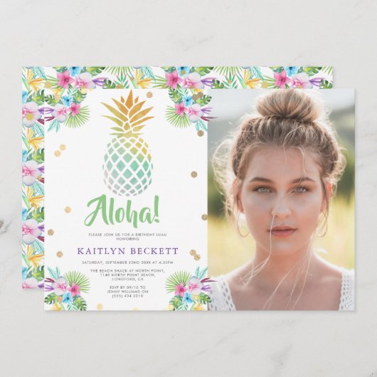 熱帯水色パイナップル誕生日写真ルアウ（ハワイ式宴会） 招待状