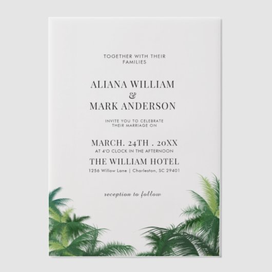 熱帯水色パームツリーズボホ結婚の ベラム紙招待状 (正面)