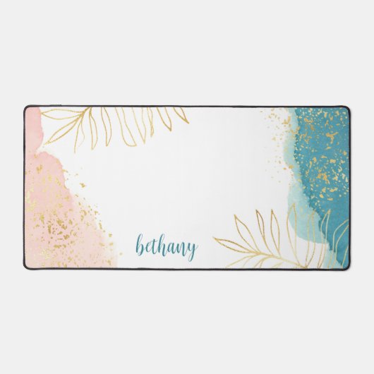 熱帯水色ピンク金ゴールドパーソナライズされた葉 デスクマット (正面)