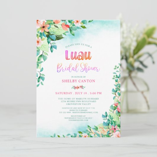 熱帯水色フローラルアウ(ハワイ式宴会)ブライダルシャワー 招待状 (スタンド正面)