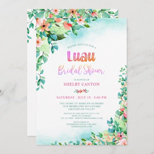 熱帯水色フローラルアウ（ハワイ式宴会）ブライダルシャワー 招待状 (正面/裏面)