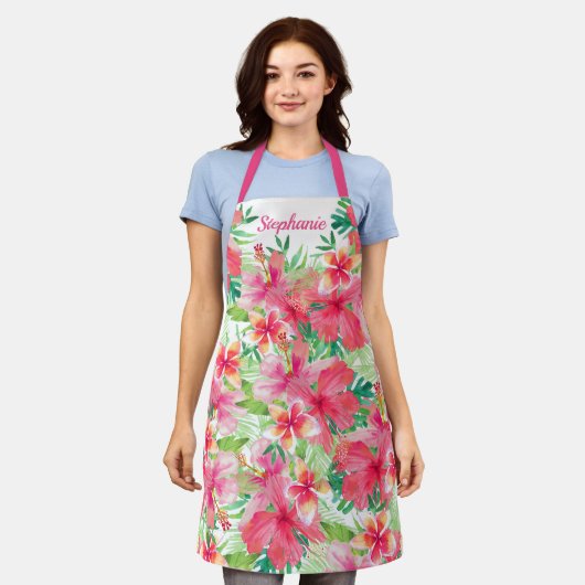 熱帯水色フローラ パーソナライズされた エプロン (着用した状態)