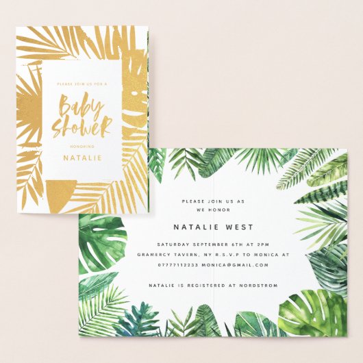 熱帯水色ヤシの葉のベビーシャワー招待状 箔カード (ディスプレー)
