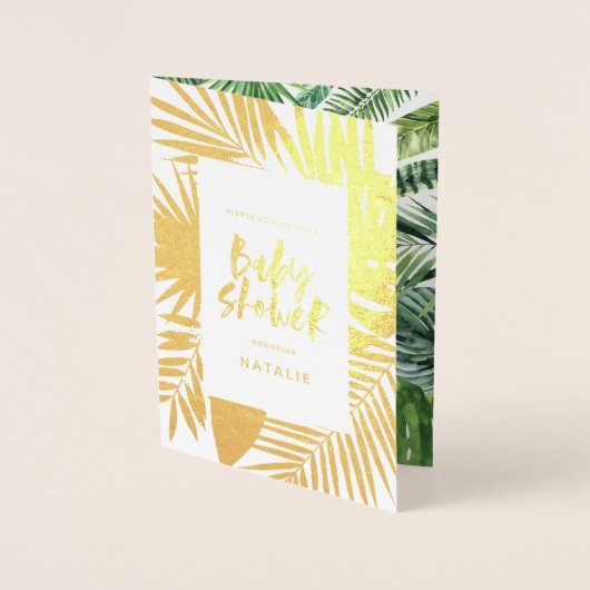 熱帯水色ヤシの葉のベビーシャワー招待状 箔カード (正面)