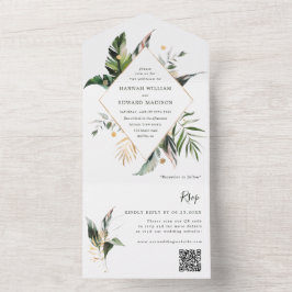 熱帯水色紅葉グリーン結婚のQRコード オールインワン招待状