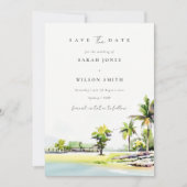 熱帯沿岸のヤシの木が日付カードを保存 サンキューカード (正面)