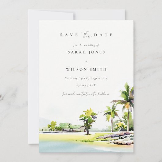 熱帯沿岸のヤシの木が日付カードを保存 サンキューカード (正面)