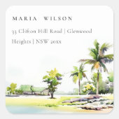 熱帯沿岸のヤシの木の水の色アドレス スクエアシール (正面)