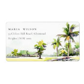 熱帯沿岸のヤシの木の水の色アドレス ラベル (正面)