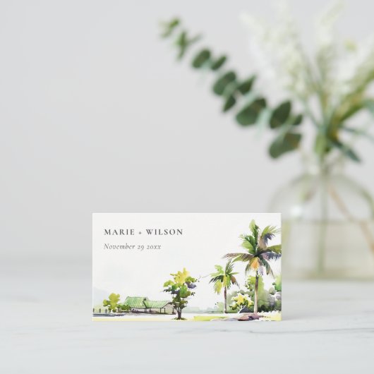 熱帯沿岸のヤシの木の水の色結婚の プレイスカード (スタンド正面)