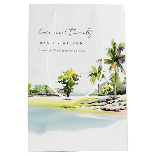 熱帯沿岸のヤシの木の水の色結婚の ミディアムペーパーバッグ (正面)