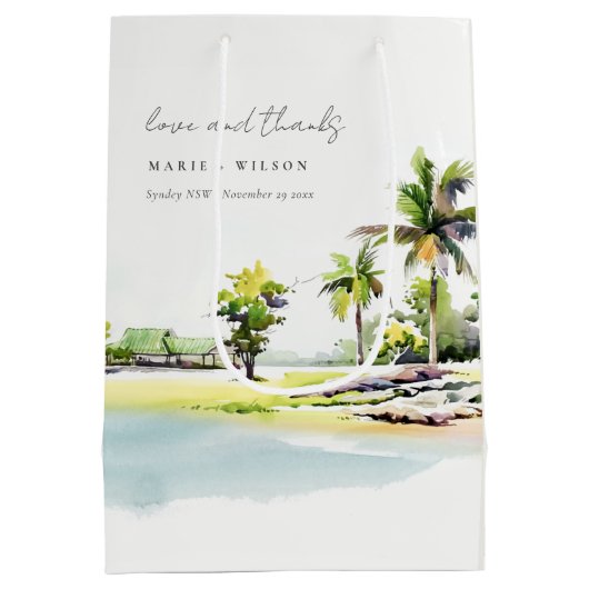 熱帯沿岸のヤシの木の水の色結婚の ミディアムペーパーバッグ (裏面)