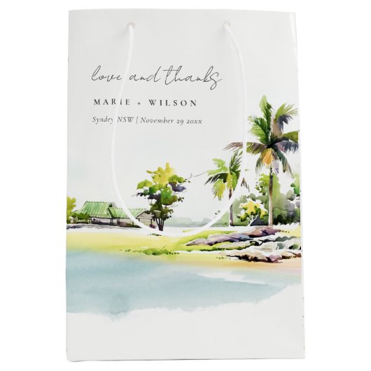 熱帯沿岸のヤシの木の水の色結婚の ミディアムペーパーバッグ (正面)