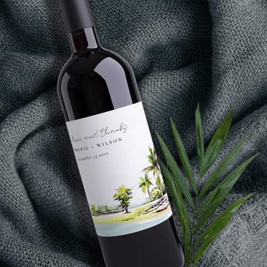 熱帯沿岸のヤシの木の水の色結婚の ワインラベル