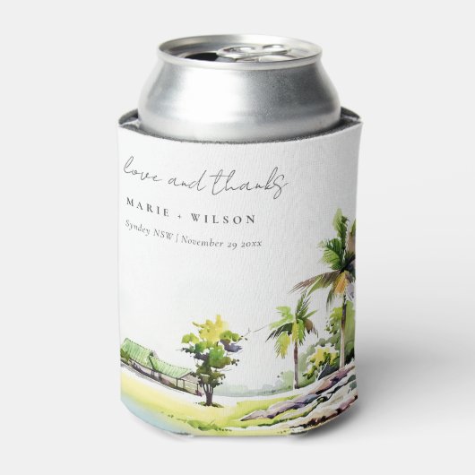 熱帯沿岸のヤシの木の水の色結婚の 缶クーラー (缶正面)