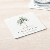 熱帯沿岸のヤシの木の水色ブルーグリーン スクエアペーパーコースター (アングル)