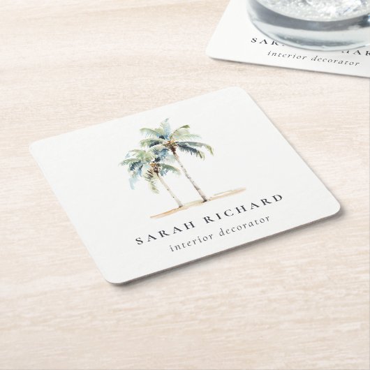 熱帯沿岸のヤシの木の水色ブルーグリーン スクエアペーパーコースター (アングル)
