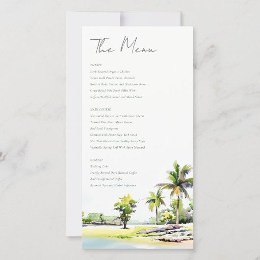 熱帯沿岸のヤシの木結婚のメニューカード サンキューカード (正面)