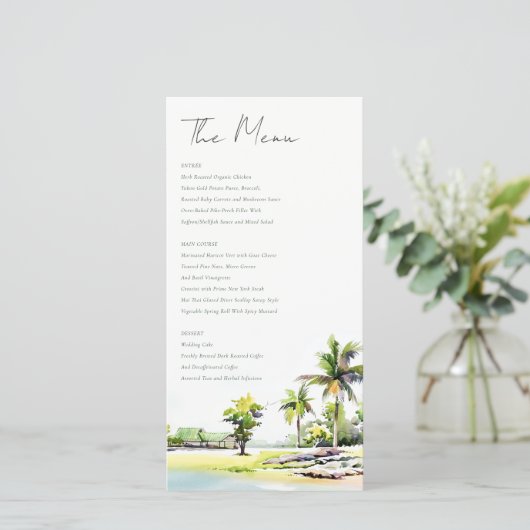 熱帯沿岸のヤシの木結婚のメニューカード サンキューカード (スタンド正面)