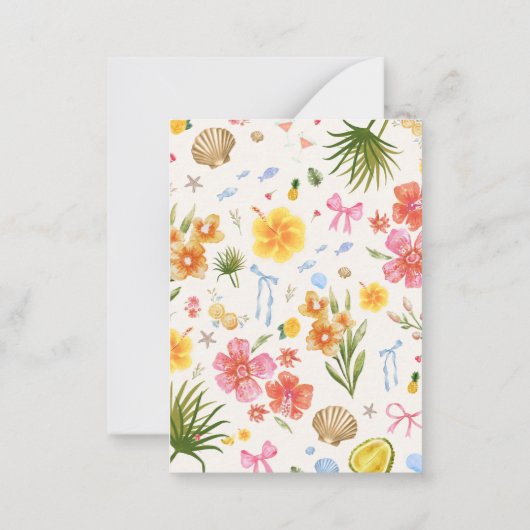 熱帯沿岸の手描き花と貝殻名 ノートカード (裏面)