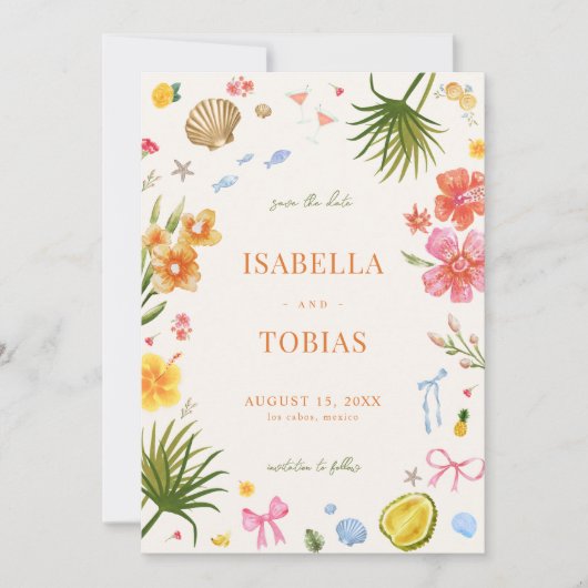 熱帯沿岸の手描き花の貝殻結婚の セーブザデート (正面)