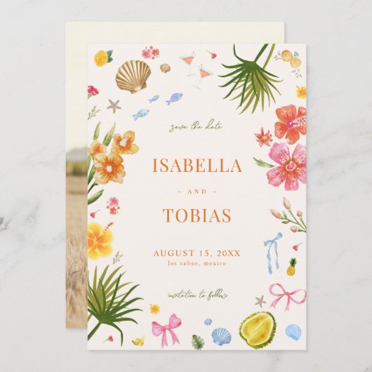 熱帯沿岸の手描き花の貝殻結婚の セーブザデート (正面/裏面)