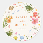 熱帯沿岸の手描き花の貝殻結婚の ラウンドシール (正面)