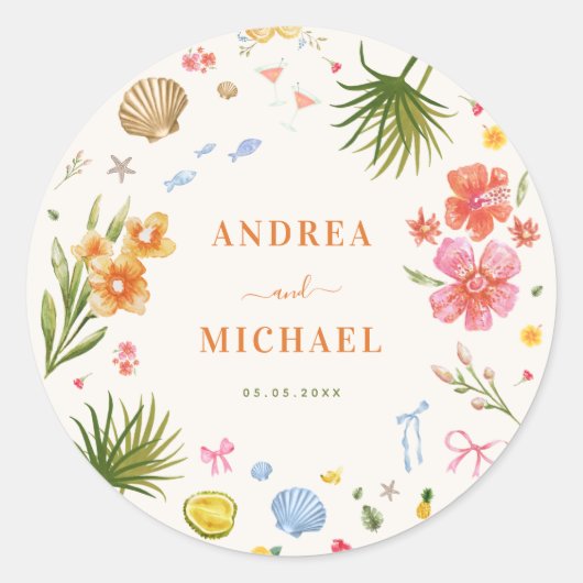熱帯沿岸の手描き花の貝殻結婚の ラウンドシール (正面)