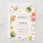 熱帯沿岸の手描き花の貝殻結婚の 招待状 (正面)