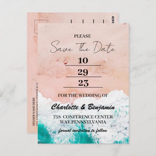 熱帯沿岸ビーチ海の結婚式の日付を保存 ポストカード (正面/裏面)