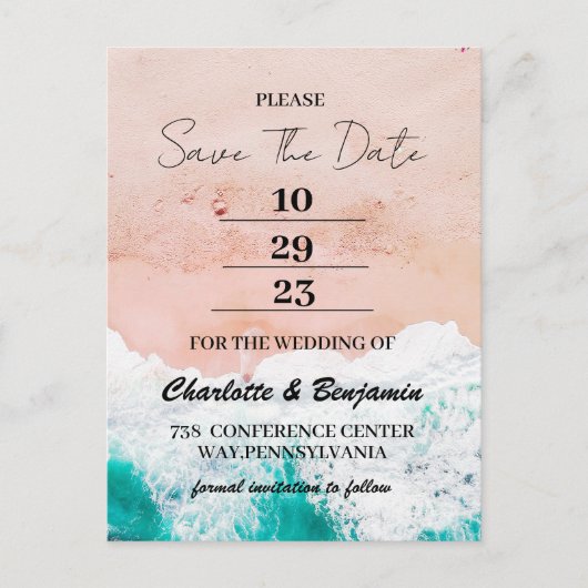 熱帯沿岸ビーチ海の結婚式の日付を保存 ポストカード (正面)