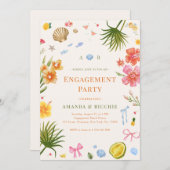 熱帯沿岸手描きシェル婚約パーティ 招待状 (正面/裏面)