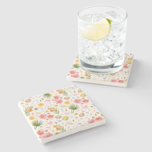 熱帯沿岸手描き花と貝殻 ストーンコースター (横)