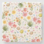 熱帯沿岸手描き花と貝殻 ストーンコースター (正面)