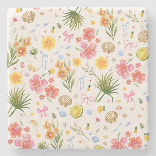 熱帯沿岸手描き花と貝殻 ストーンコースター (正面)