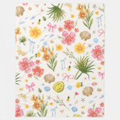 熱帯沿岸手描き花と貝殻 フリースブランケット (正面)