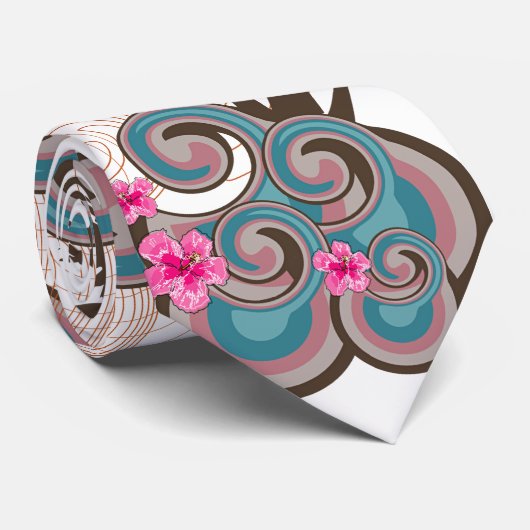 熱帯波のショッキングピンクのハイビスカスのビーチのヤシの木 ネクタイ (ロール)