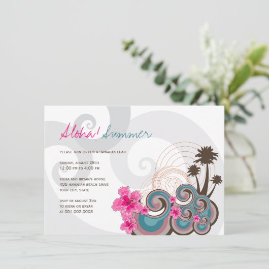 熱帯波のハイビスカスのハワイのルアウ(ハワイ式宴会)の夏のパーティー 招待状 (スタンド正面)