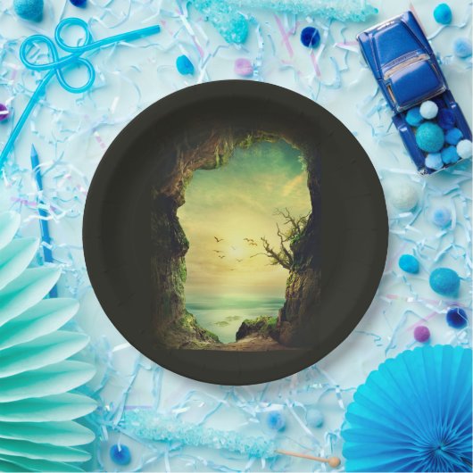 熱帯海を見下ろす洞窟の風光明媚な写真 ペーパープレート (パーティー)