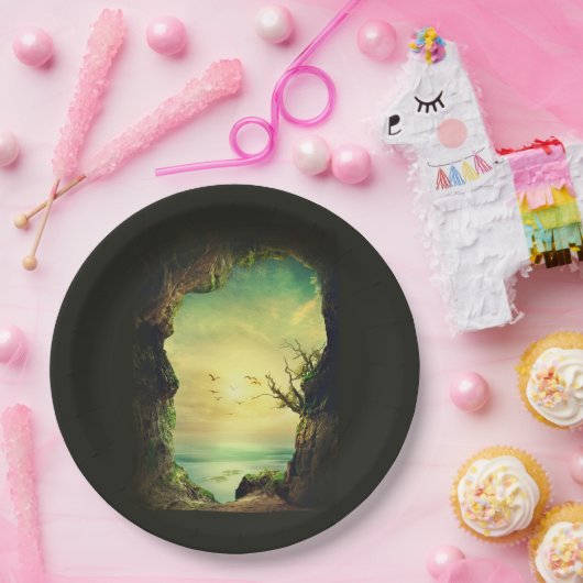 熱帯海を見下ろす洞窟の風光明媚な写真 ペーパープレート (パーティー)