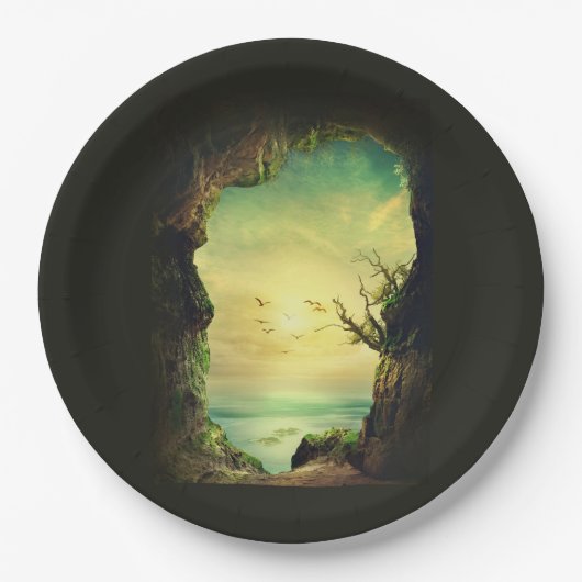 熱帯海を見下ろす洞窟の風光明媚な写真 ペーパープレート (正面)