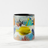 熱帯海カラフル魚コーラルリーフブルー海 ツートーンマグカップ (中央)