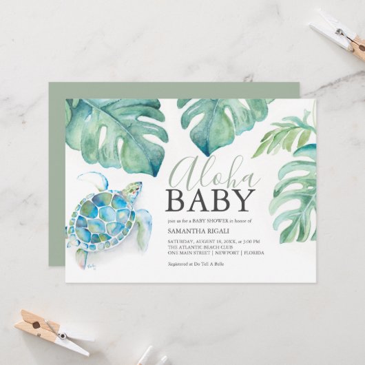 熱帯海タートルモンステラ葉赤ちゃんシャワー 招待状 (正面/裏面インサイチュ)