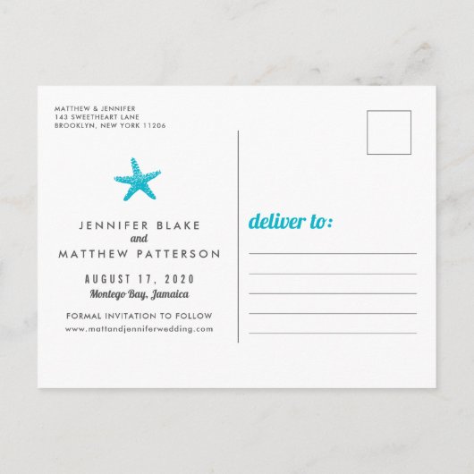 熱帯海ビーチサンドウェディング日付を保存 案内ポストカード (裏面)