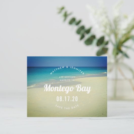 熱帯海ビーチサンドウェディング日付を保存 案内ポストカード (スタンド正面)