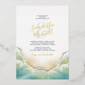熱帯海ブルーウォーターカラー結婚ショアリン 箔招待状 (正面)