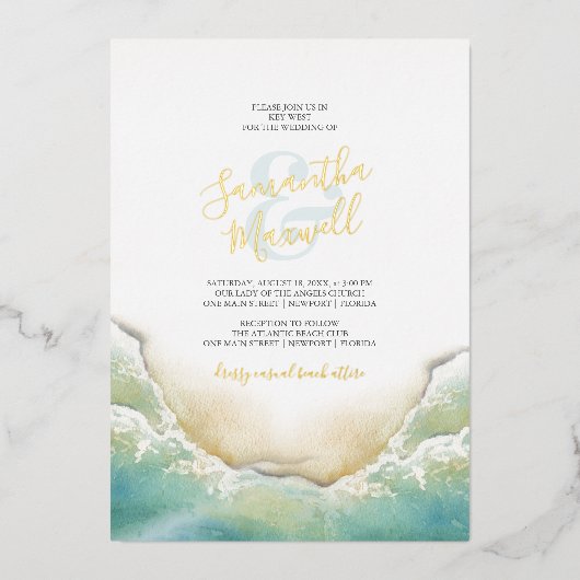 熱帯海ブルーウォーターカラー結婚ショアリン 箔招待状 (正面)