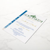 熱帯海ブルーハネムーンカップルのシャワーシルバー 箔招待状 (回転した状態)