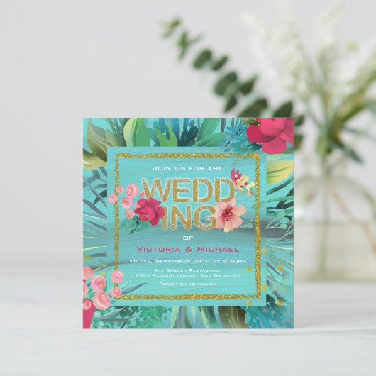 熱帯海波金ゴールド結婚グリッターカード 招待状 (スタンド正面)