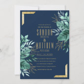熱帯海軍ブルー金ゴールドグリッター結婚フローラ 招待状 (正面)